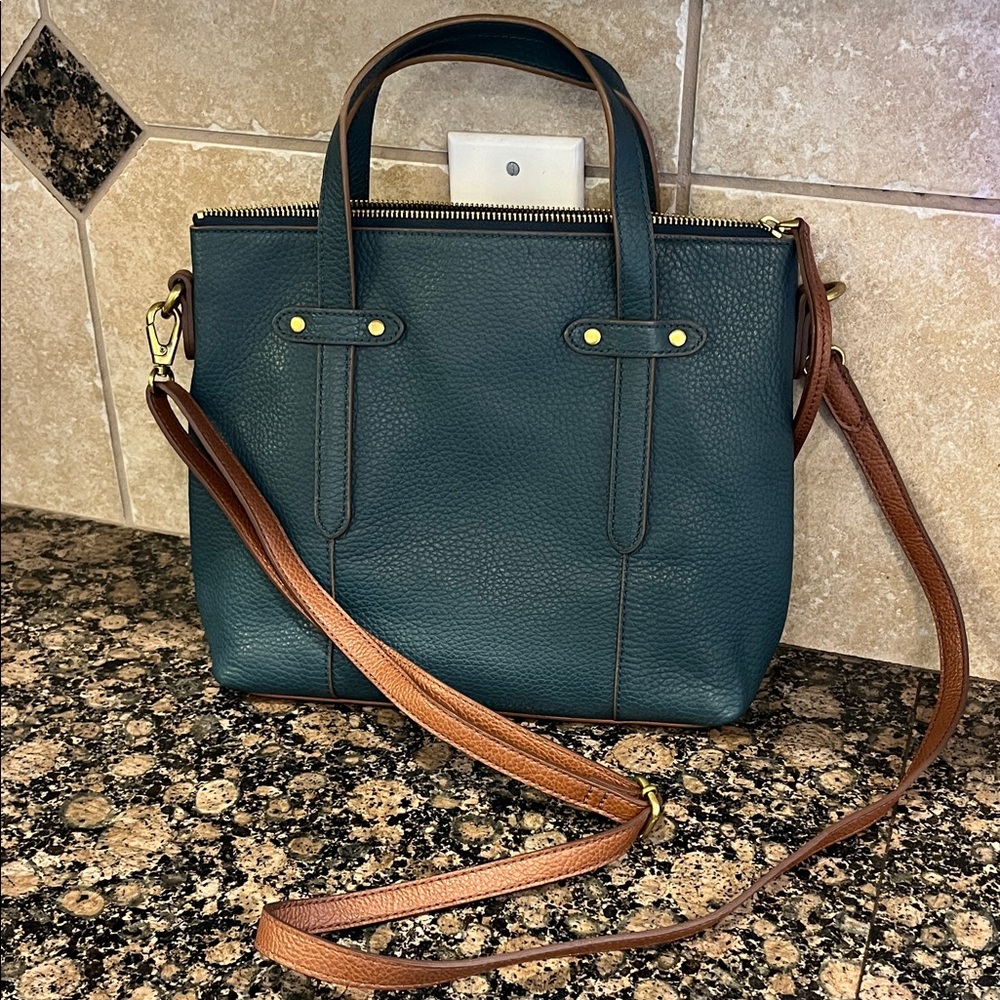 FOSSIL Leather Top-Handle Crossbody Bag in Deep Teal and Brown